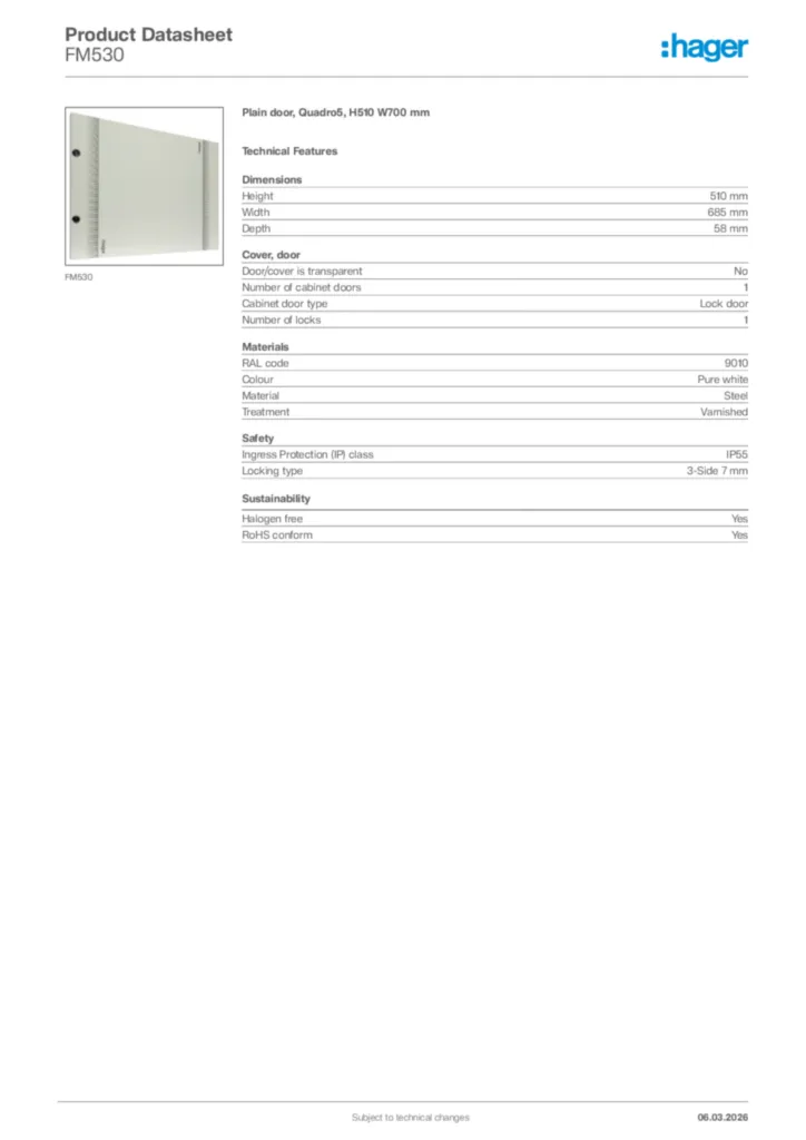 Image Hager Product data sheet FM530  | Hager Africa