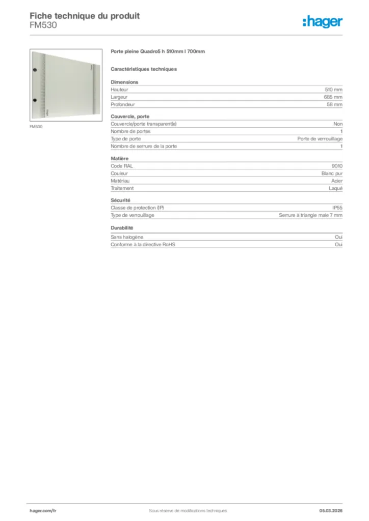 Image Hager Fiche technique du produit FM530 | Hager France
