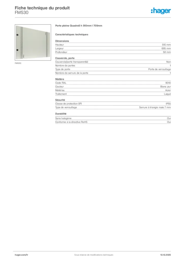 Image Hager Fiche technique du produit FM530 | Hager France