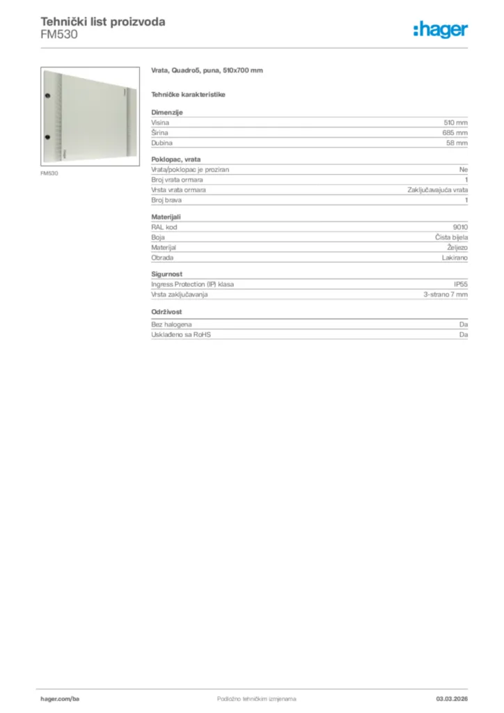 Slika Hager Tehnički list proizvoda FM530  | Hager