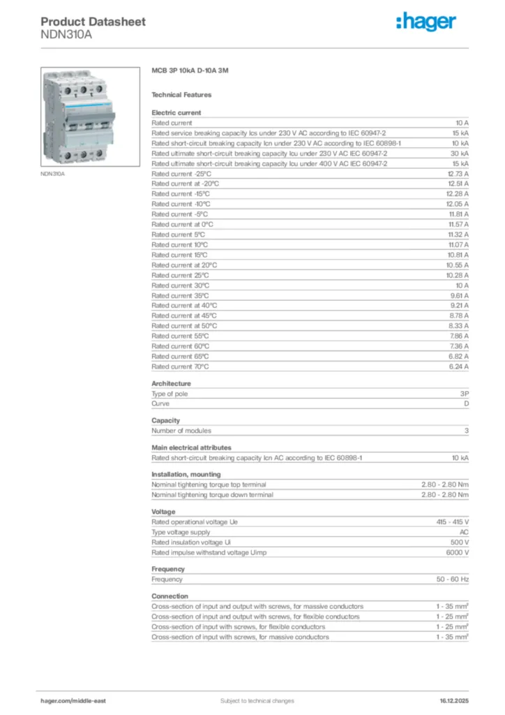 Image Hager Product data sheet NDN310A  | Hager