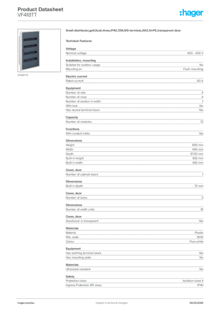 Image Hager Product data sheet VF418TT  | Hager Australia