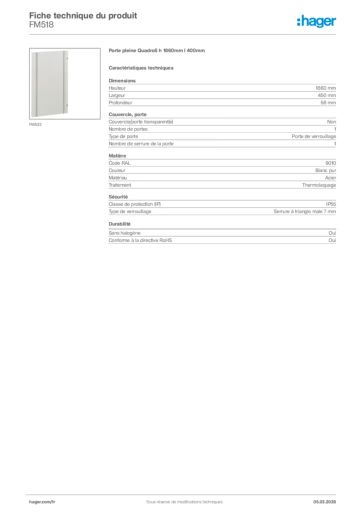 Image Hager Fiche technique du produit FM518 | Hager France