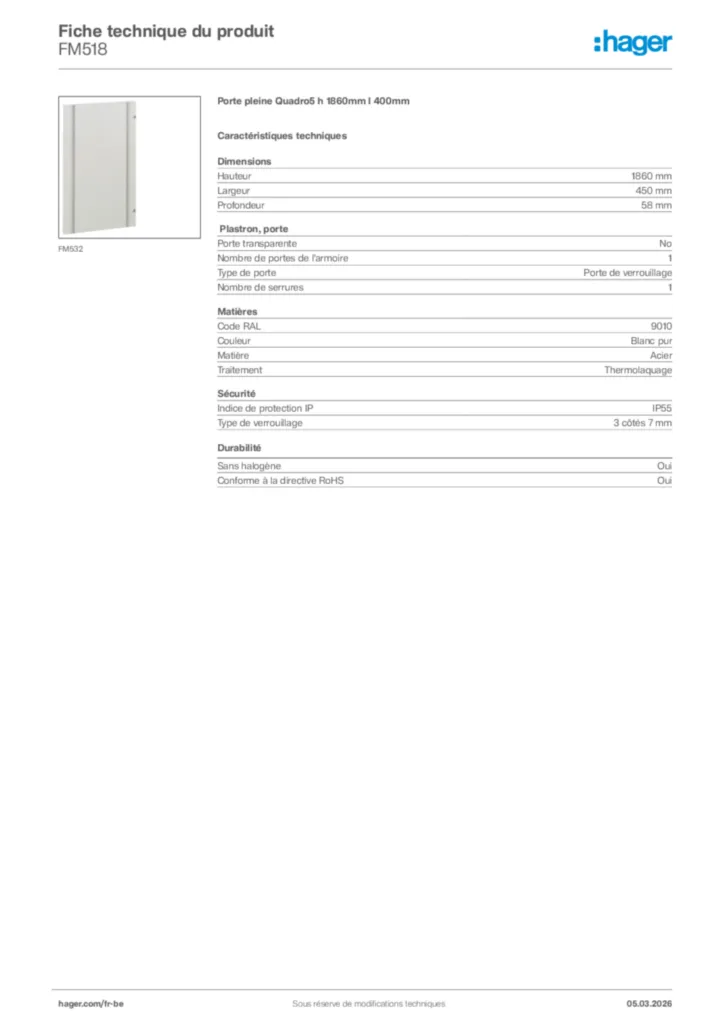 Image Hager Fiche technique du produit FM518 | Hager Belgique