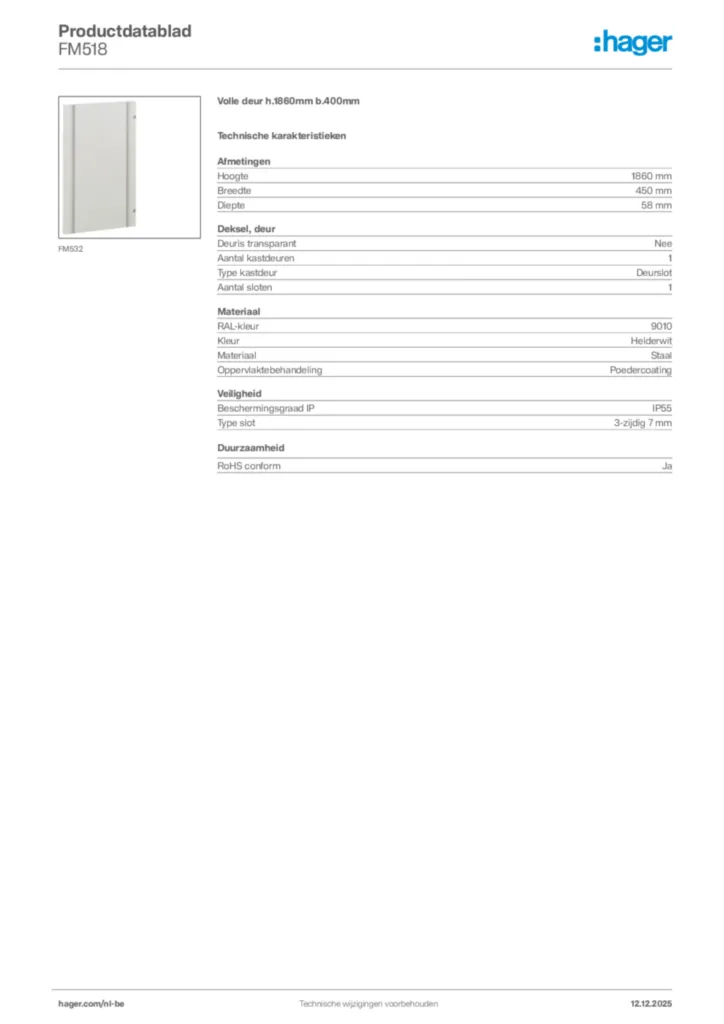 Afbeelding Hager Productdatablad FM518 | Hager Belgium