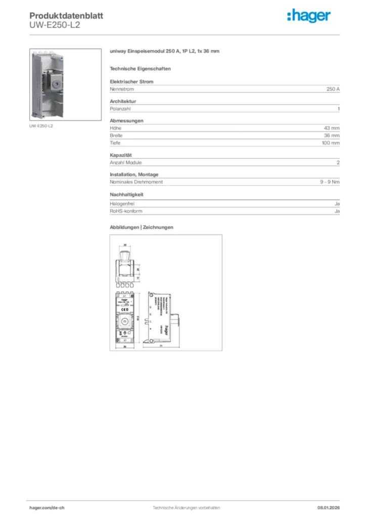 Bild Hager Produktdatenblatt UW-E250-L2 | Hager Schweiz