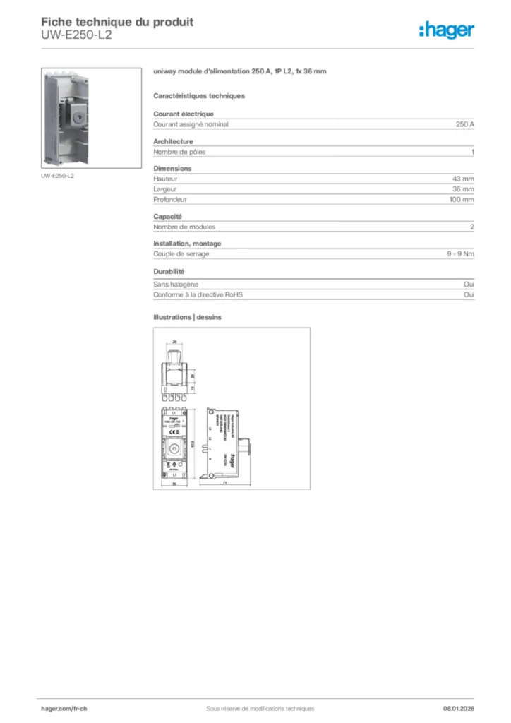 Image Hager Fiche technique du produit UW-E250-L2 | Hager Suisse