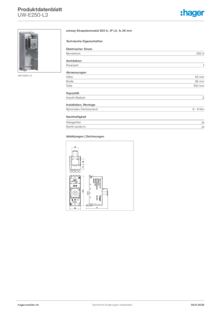 Bild Hager Produktdatenblatt UW-E250-L3 | Hager Schweiz