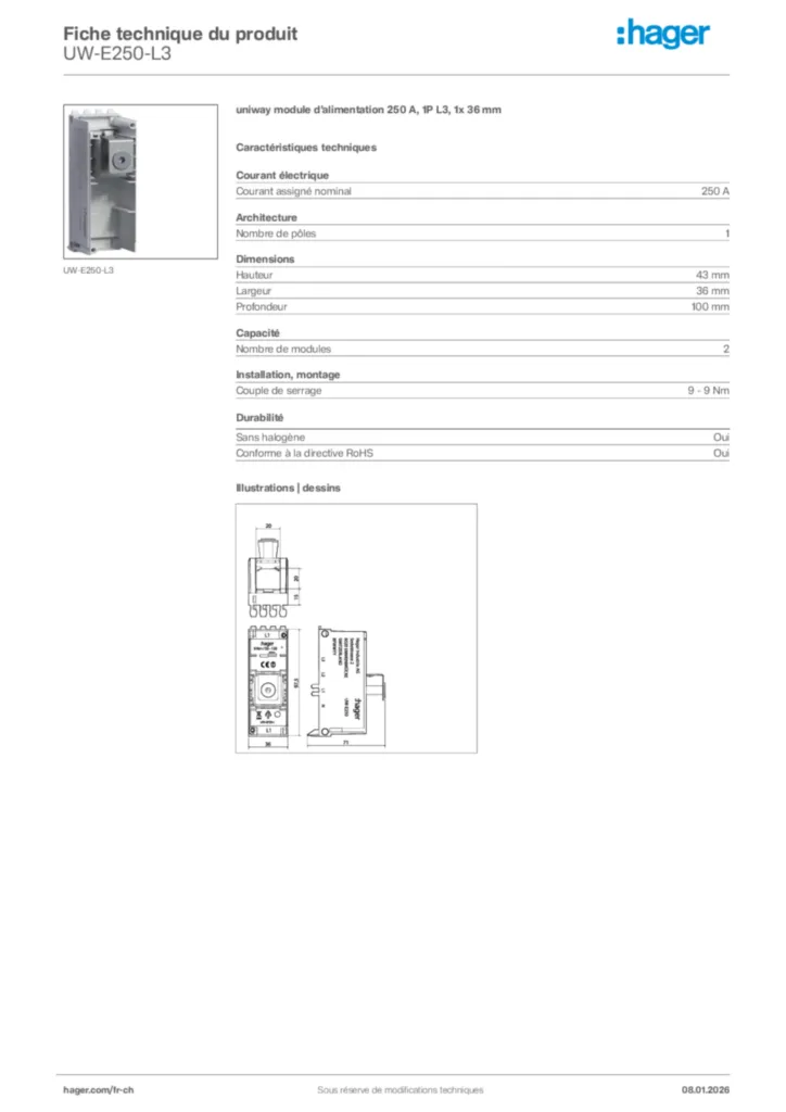 Image Hager Fiche technique du produit UW-E250-L3 | Hager Suisse