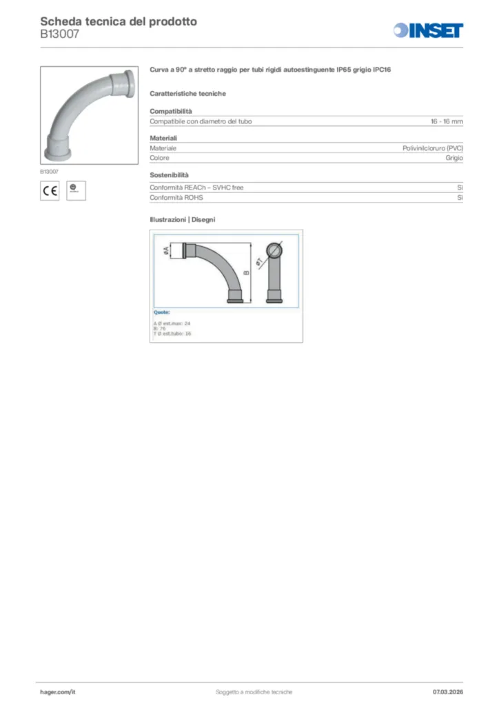 Immagine Inset Scheda tecnica del prodotto B13007 | Hager Italia