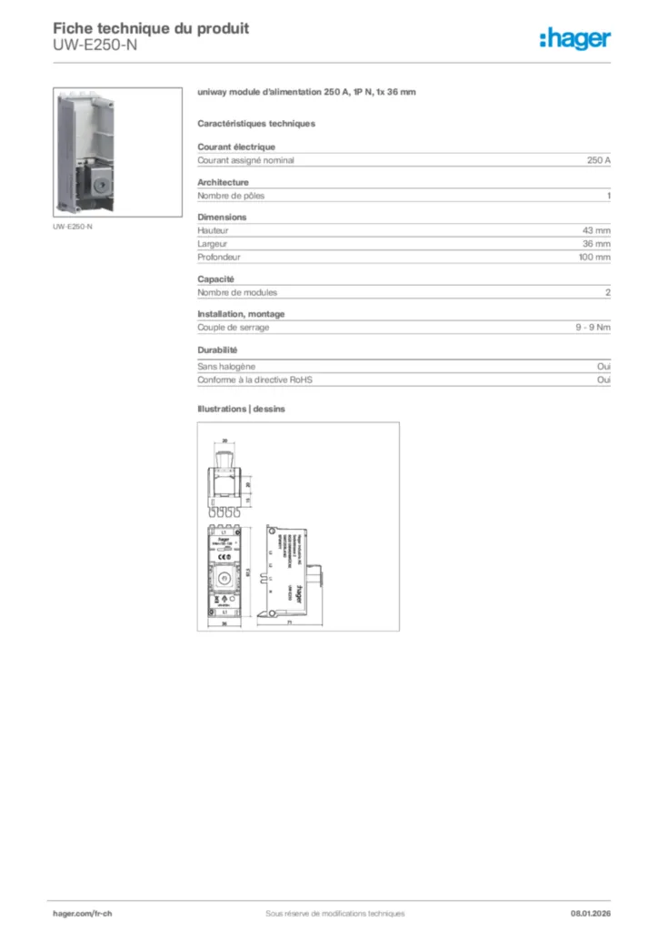 Image Hager Fiche technique du produit UW-E250-N | Hager Suisse
