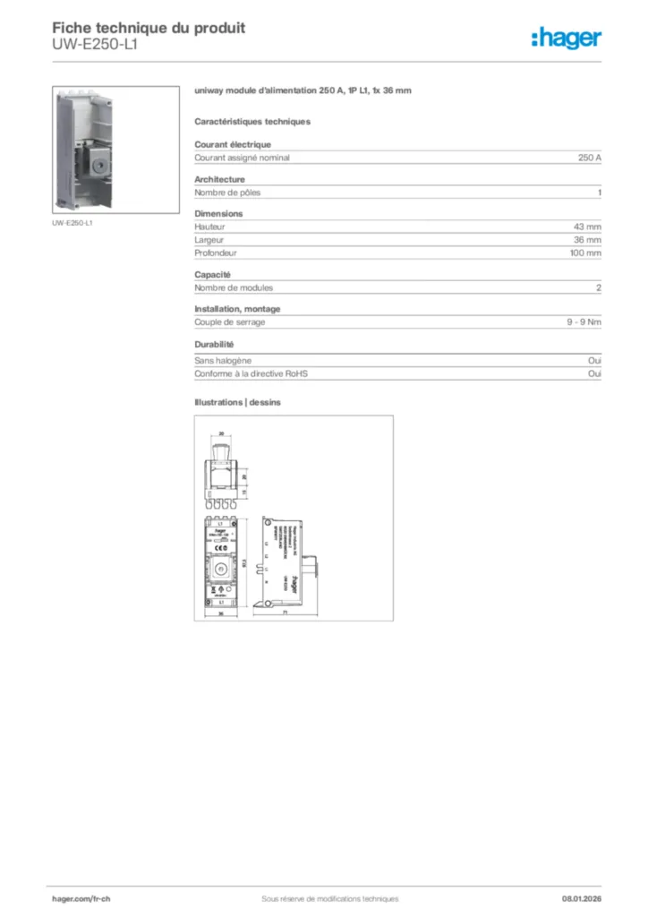 Image Hager Fiche technique du produit UW-E250-L1 | Hager Suisse