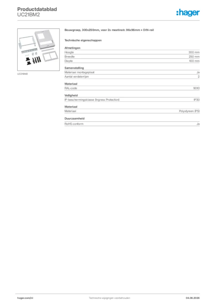 Afbeelding Hager Productdatablad UC21BM2 | Hager Nederland