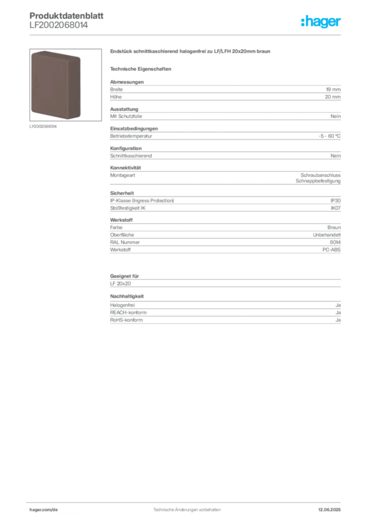 Bild Hager Produktdatenblatt LF2002068014 | Hager Deutschland