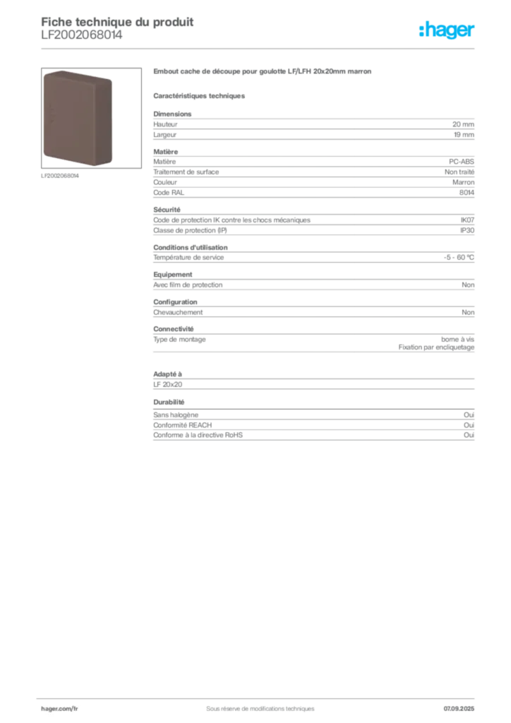 Image Hager Fiche technique du produit LF2002068014 | Hager France