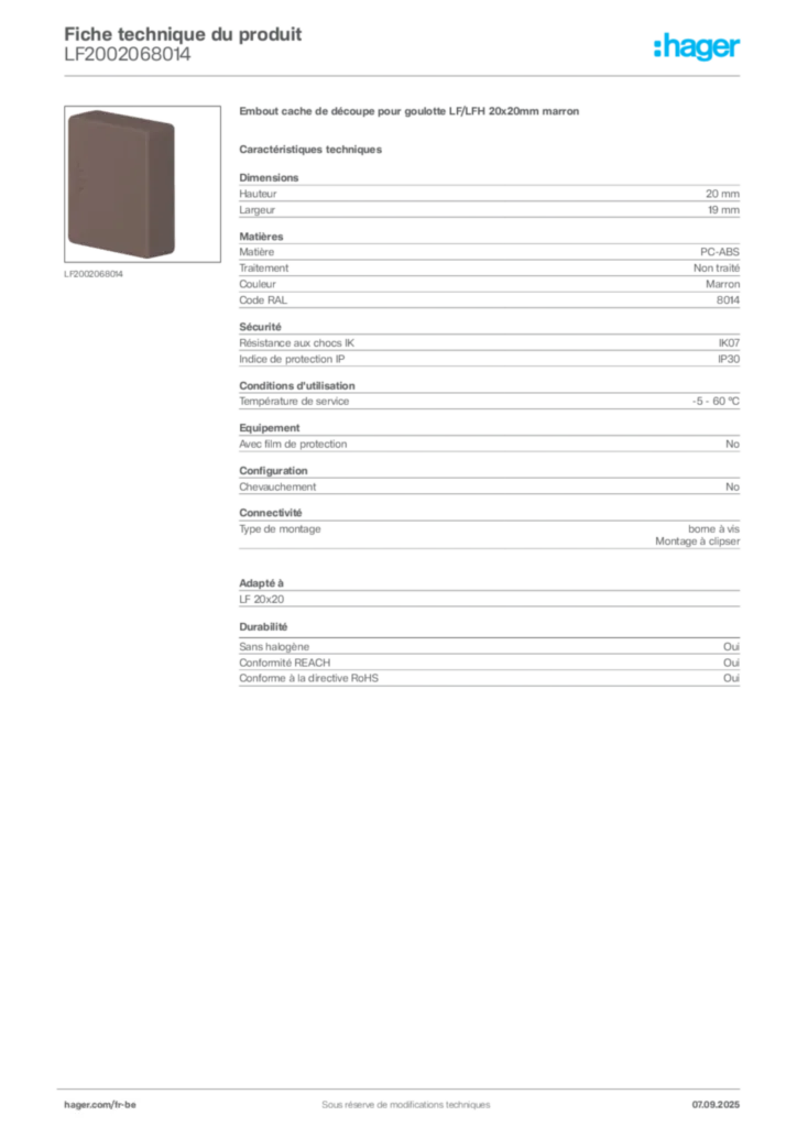 Image Hager Fiche technique du produit LF2002068014 | Hager Belgique