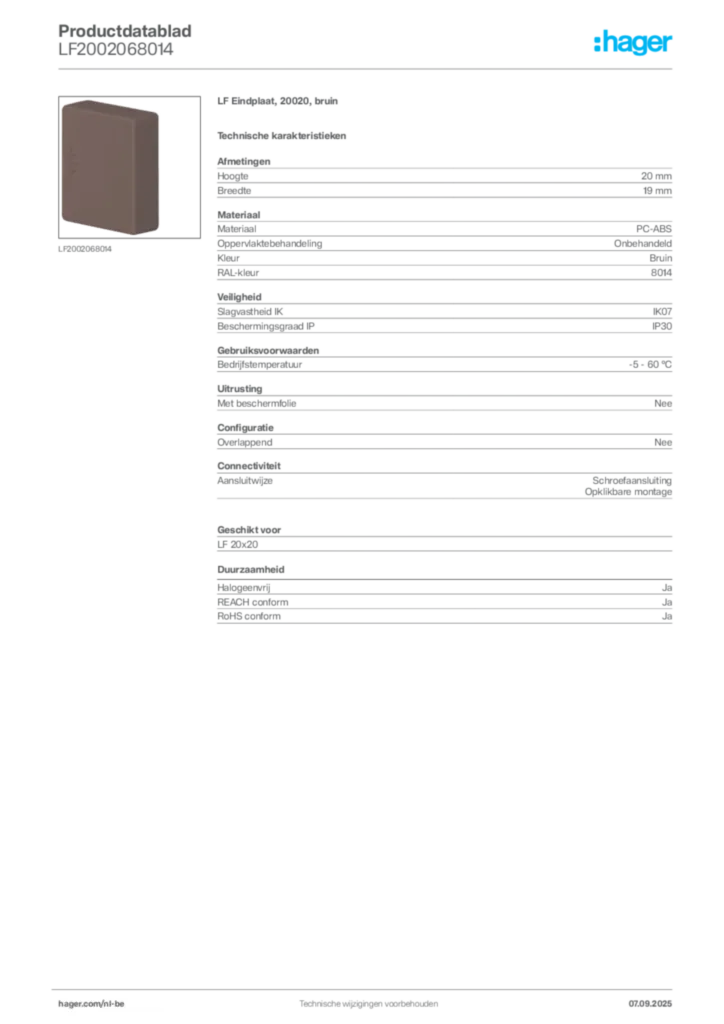 Afbeelding Hager Productdatablad LF2002068014 | Hager Belgium