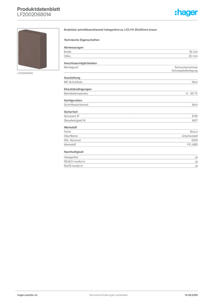 Bild Hager Produktdatenblatt LF2002068014 | Hager Schweiz