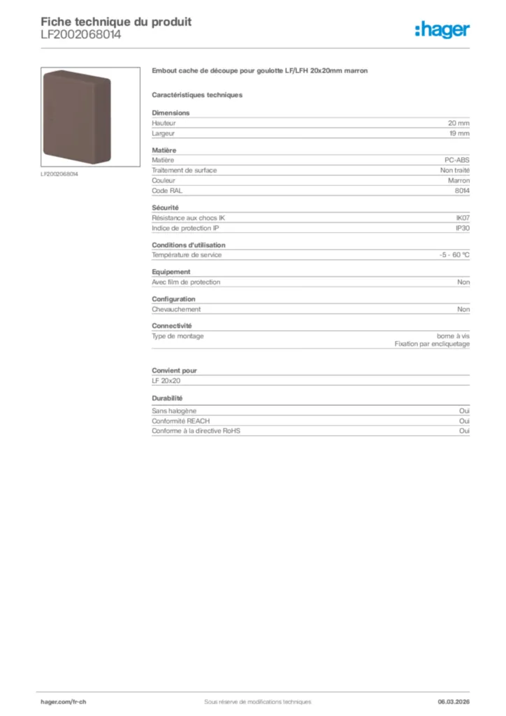 Image Hager Fiche technique du produit LF2002068014 | Hager Suisse