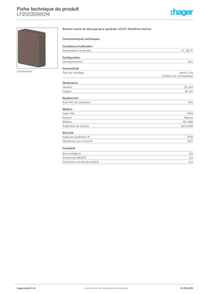 Image Hager Fiche technique du produit LF2002068014 | Hager Suisse