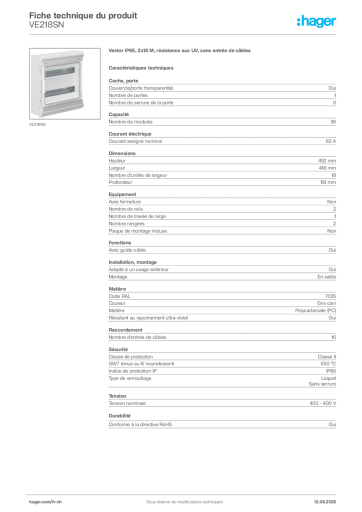 Image Hager Fiche technique du produit VE218SN | Hager Suisse