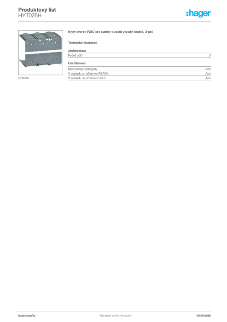 Obrázek Hager Produktový list HYT025H | Hager