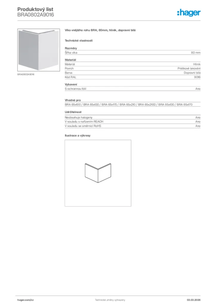 Obrázek Hager Product data sheet BRA0802A9016 | Hager