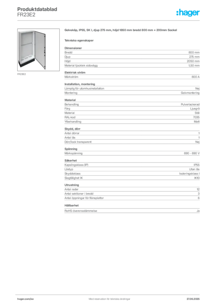 Bild Hager Produktdatablad FR23E2 | Hager Sverige