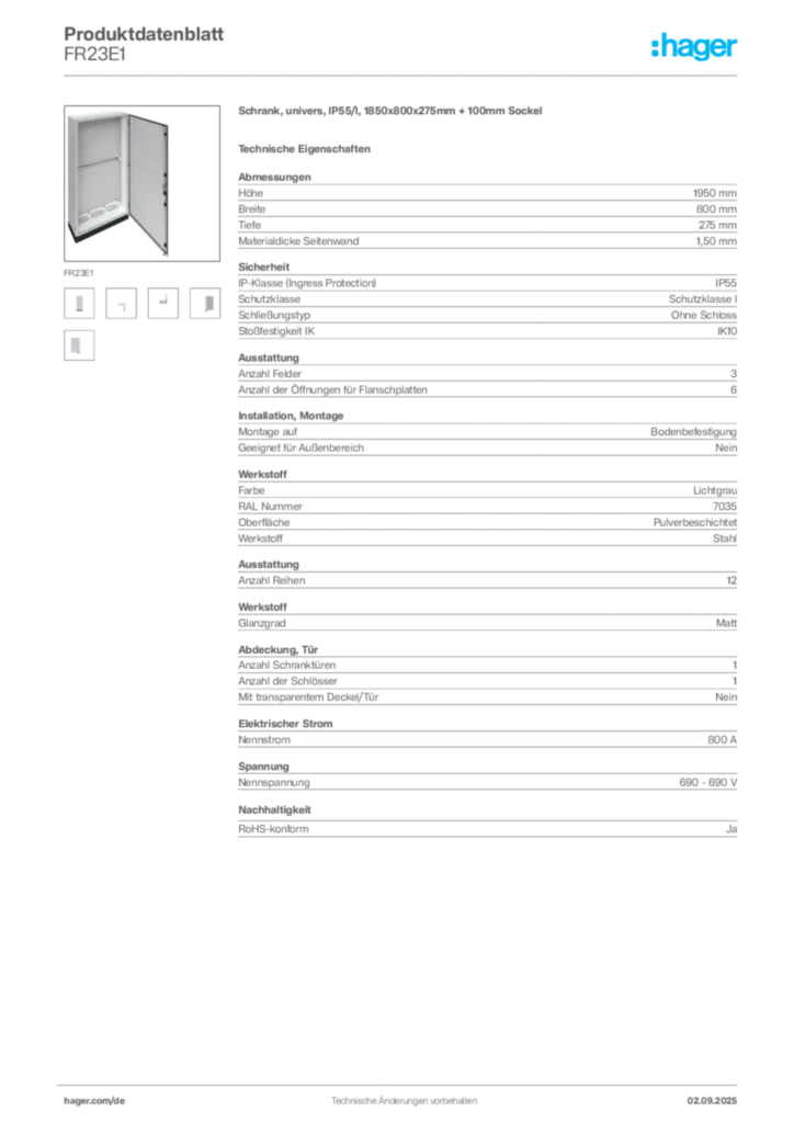 Hager Produktdatenblatt FR23E1