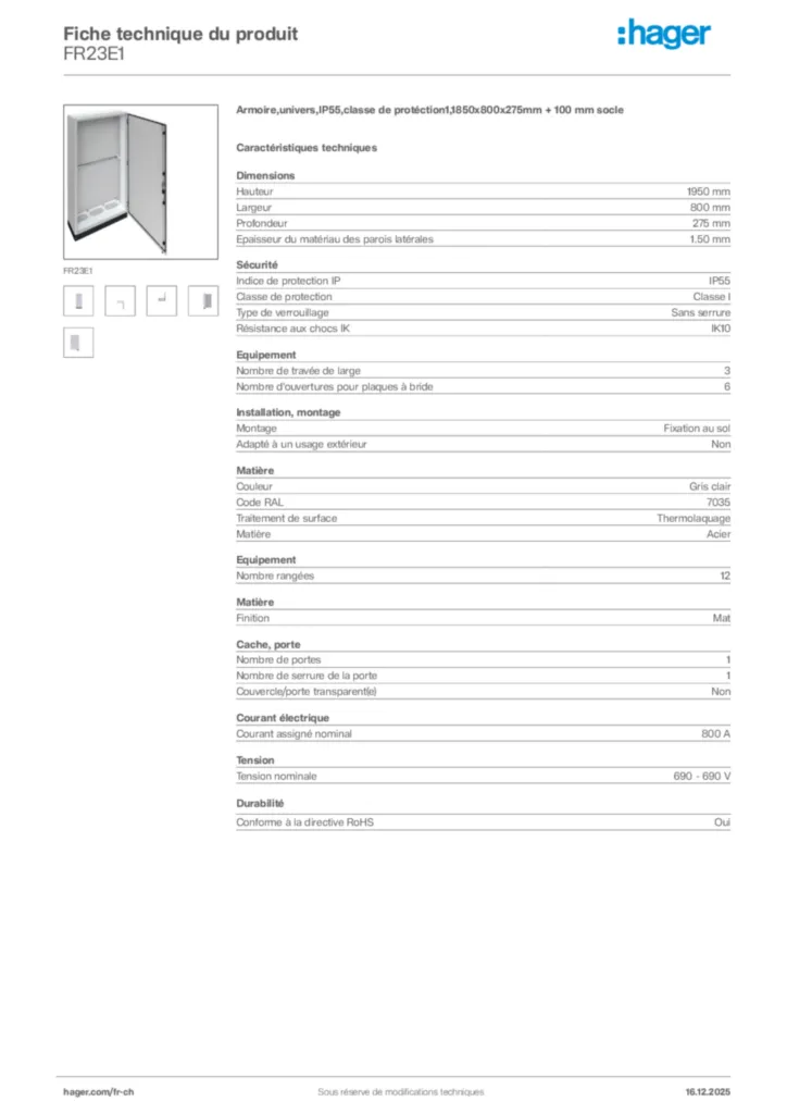Image Hager Fiche technique du produit FR23E1 | Hager Suisse