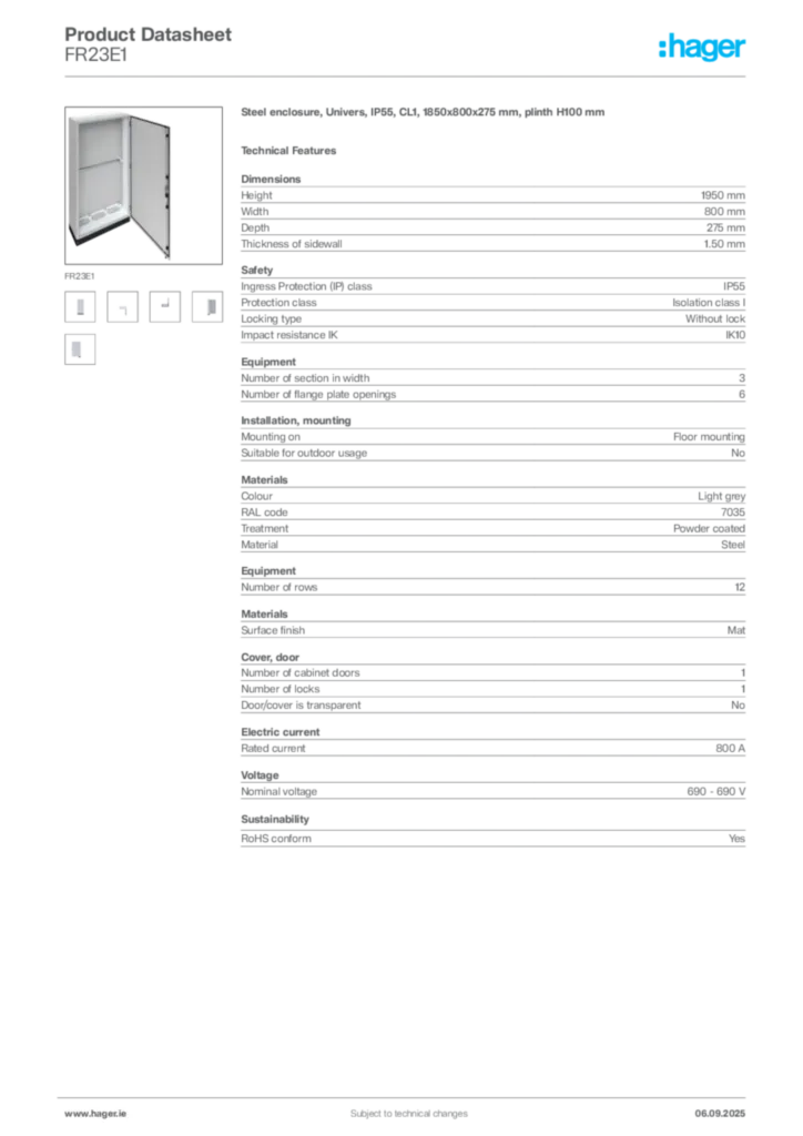 Image Hager Product data sheet FR23E1  | Hager