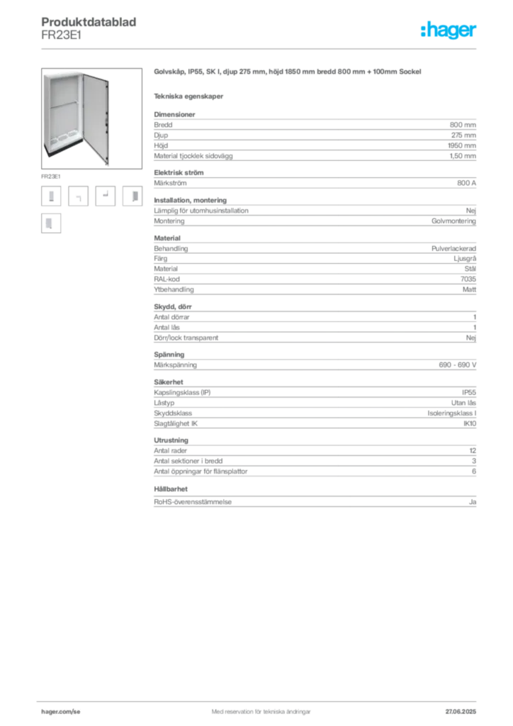 Bild Hager Produktdatablad FR23E1 | Hager Sverige