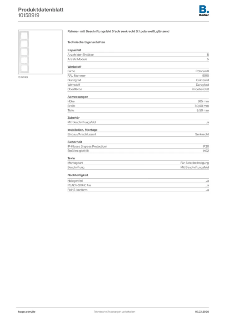 Bild Berker Produktdatenblatt 10158919 | Hager Deutschland