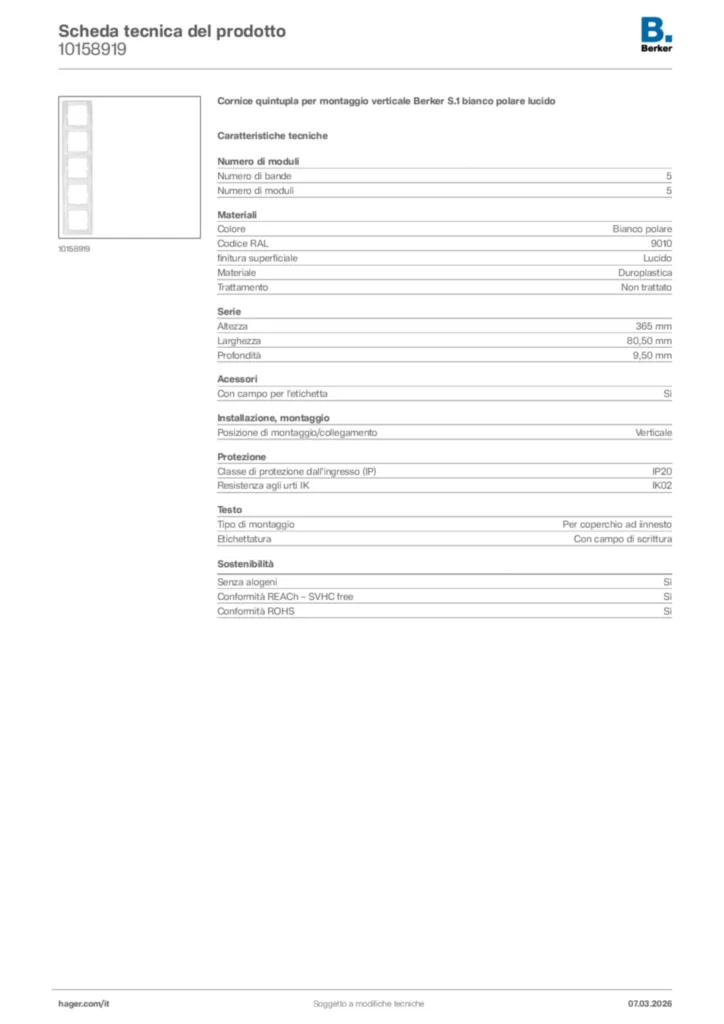 Immagine Berker Scheda tecnica del prodotto 10158919 | Hager Italia