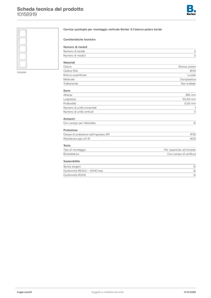 Immagine Berker Scheda tecnica del prodotto 10158919 | Hager Italia