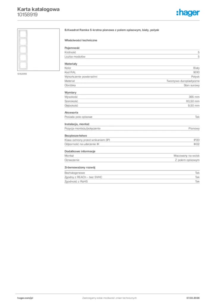 Zdjęcie Hager Karta katalogowa 10158919 | Hager Polska