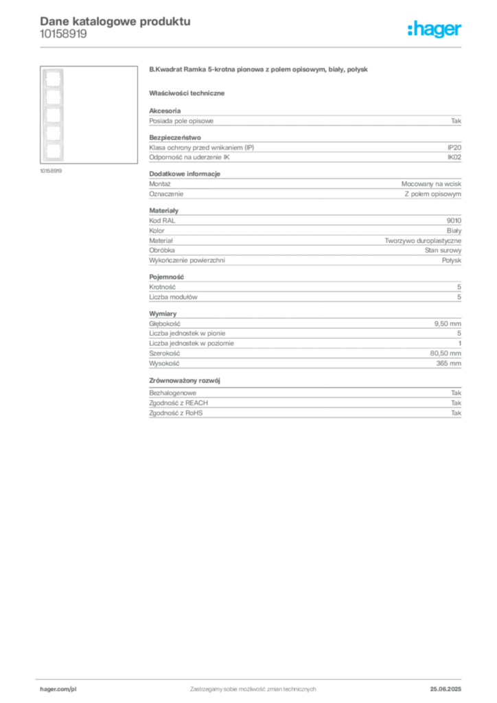 Zdjęcie Hager Karta katalogowa 10158919 | Hager Polska