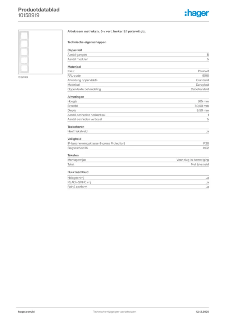 Afbeelding Hager Productdatablad 10158919 | Hager Nederland