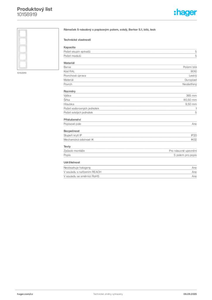 Obrázek Hager Produktový list 10158919 | Hager