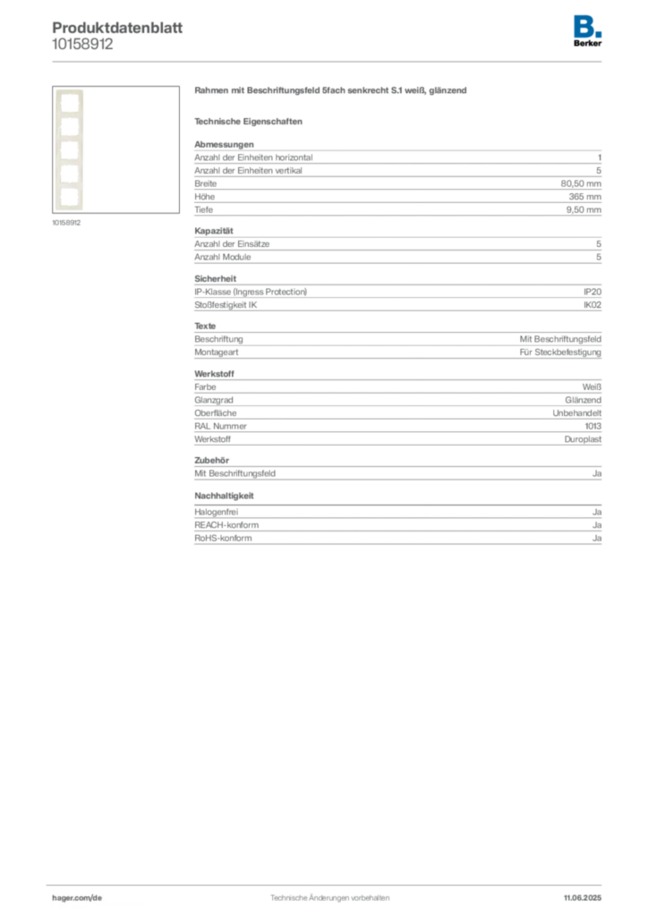 Bild Berker Produktdatenblatt 10158912 | Hager Deutschland