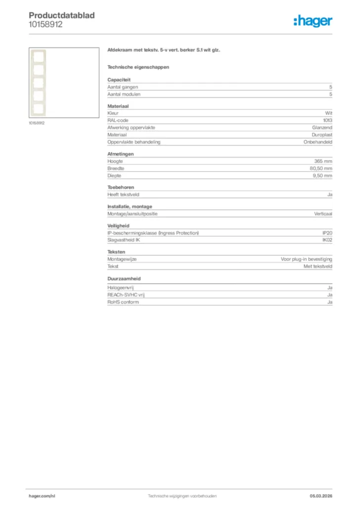 Afbeelding Hager Productdatablad 10158912 | Hager Nederland