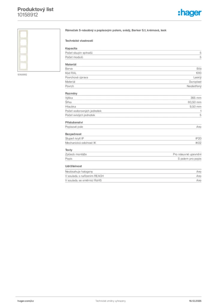 Obrázek Hager Produktový list 10158912 | Hager