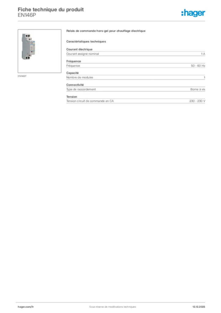 Image Hager Fiche technique du produit EN146P | Hager France