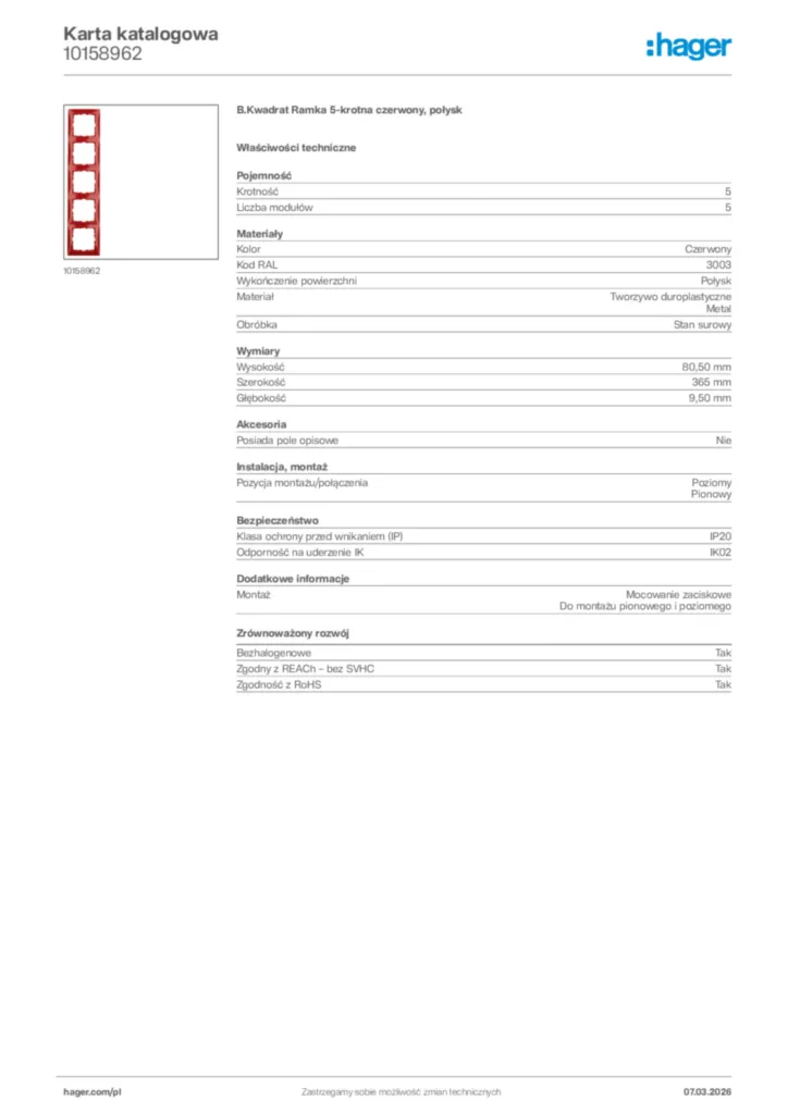 Zdjęcie Hager Karta katalogowa 10158962 | Hager Polska