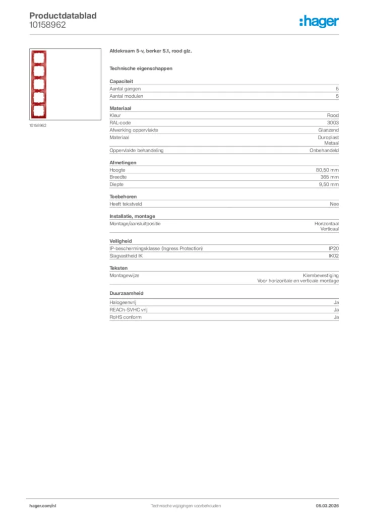 Afbeelding Hager Productdatablad 10158962 | Hager Nederland