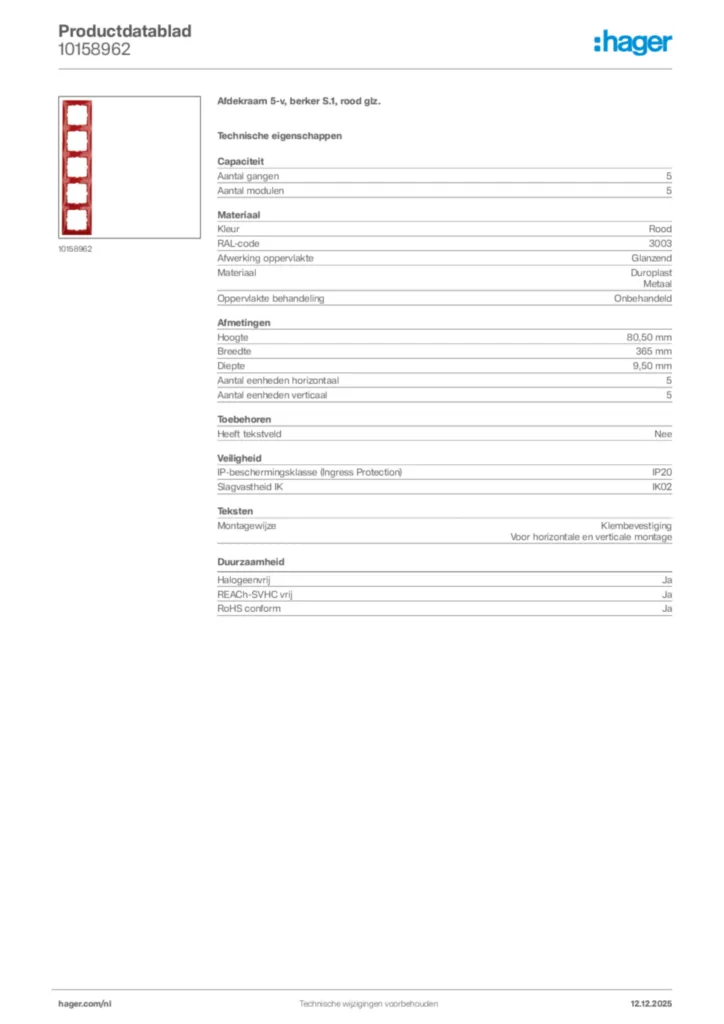Afbeelding Hager Productdatablad 10158962 | Hager Nederland