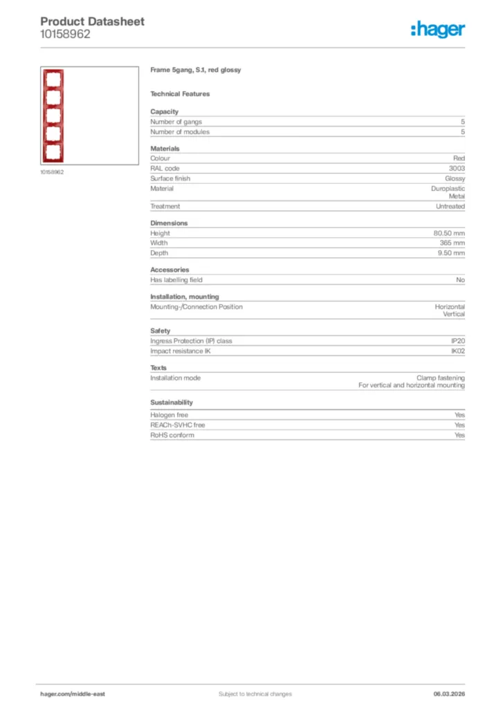 Image Hager Product data sheet 10158962  | Hager
