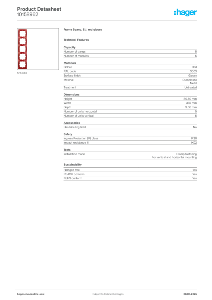 Image Hager Product data sheet 10158962  | Hager