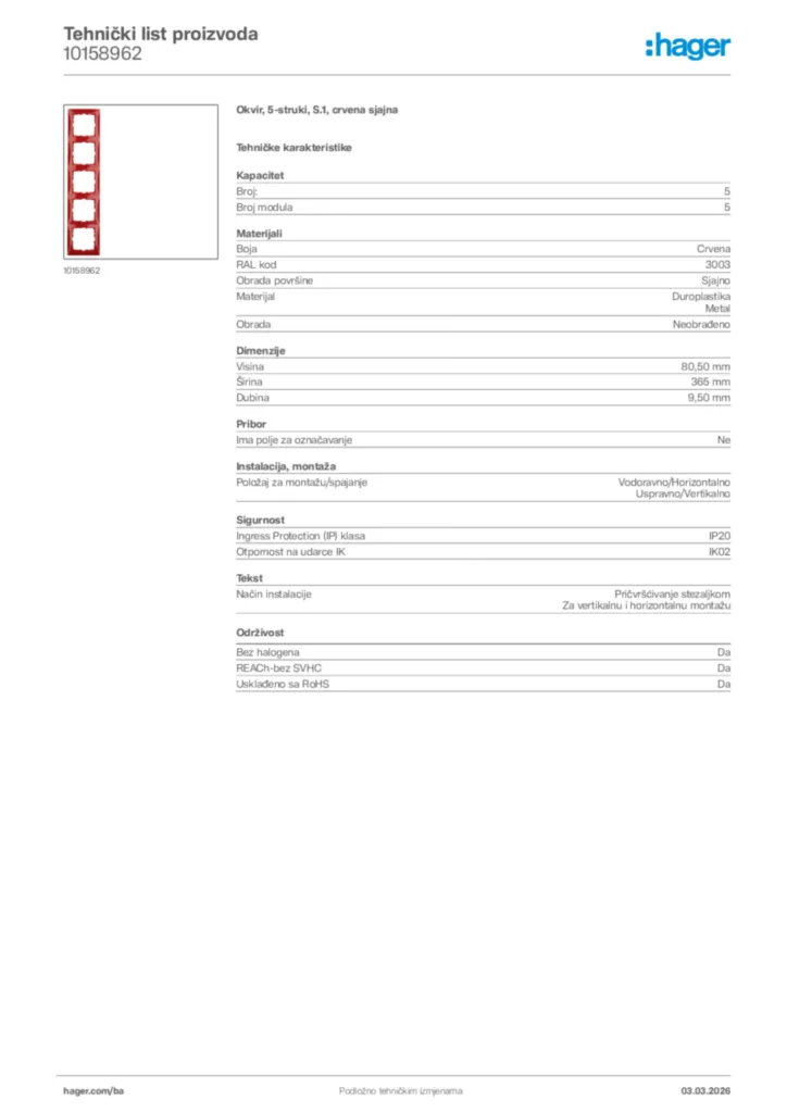 Slika Hager Tehnički list proizvoda 10158962  | Hager