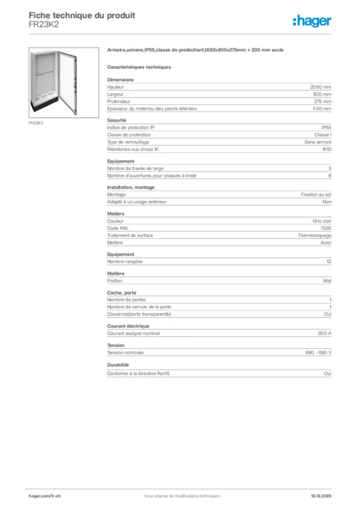 Image Hager Fiche technique du produit FR23K2 | Hager Suisse